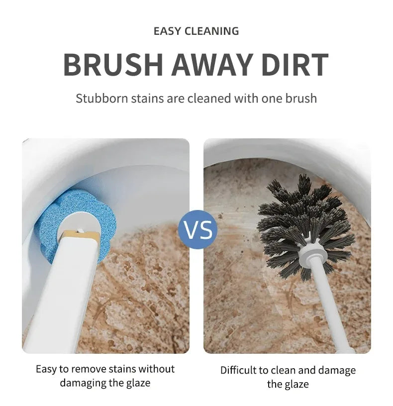 A disposable toilet brush set with a long handle is shown cleaning stubborn stains from a surface.