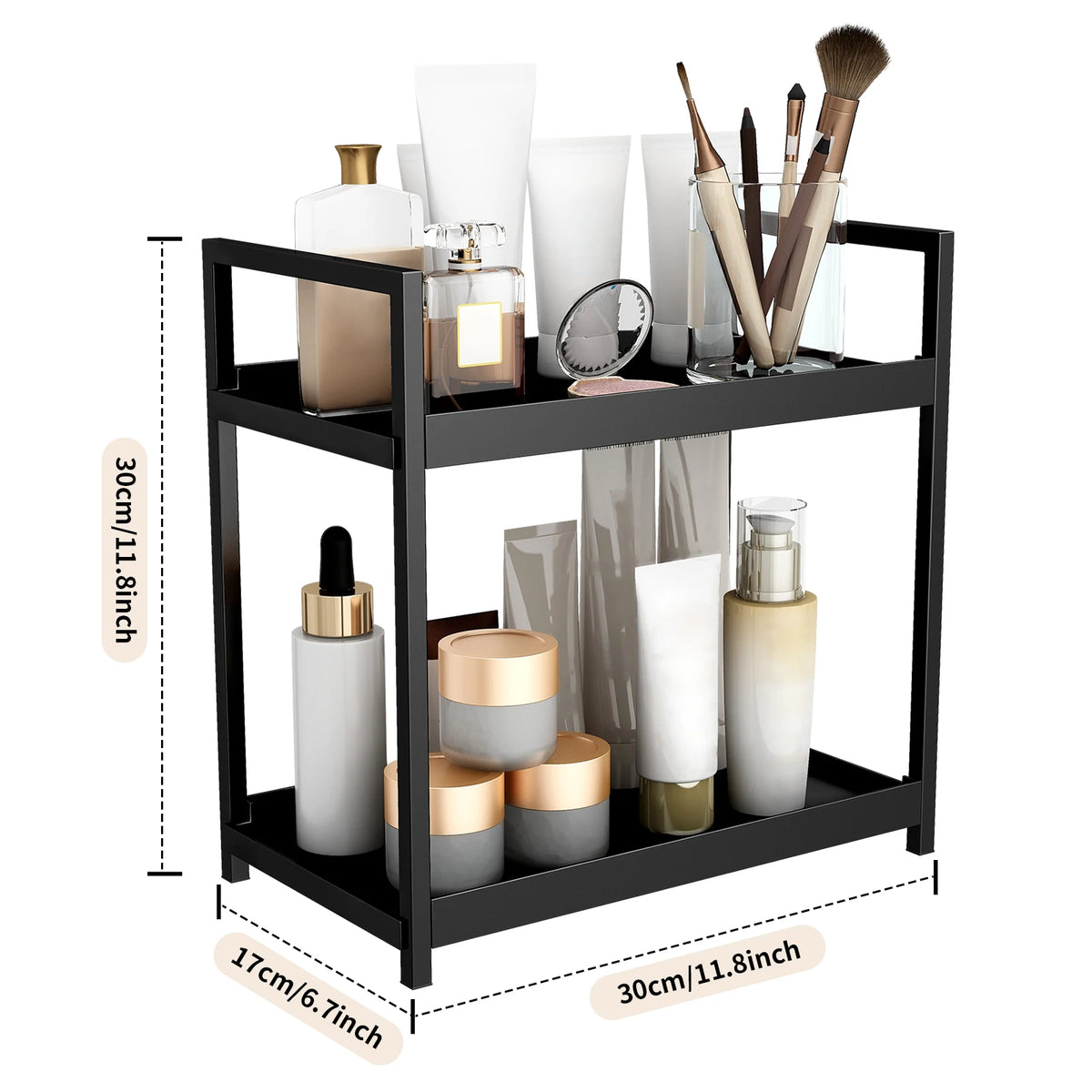 A black two-tier desktop storage rack holding various cosmetic and brush items.