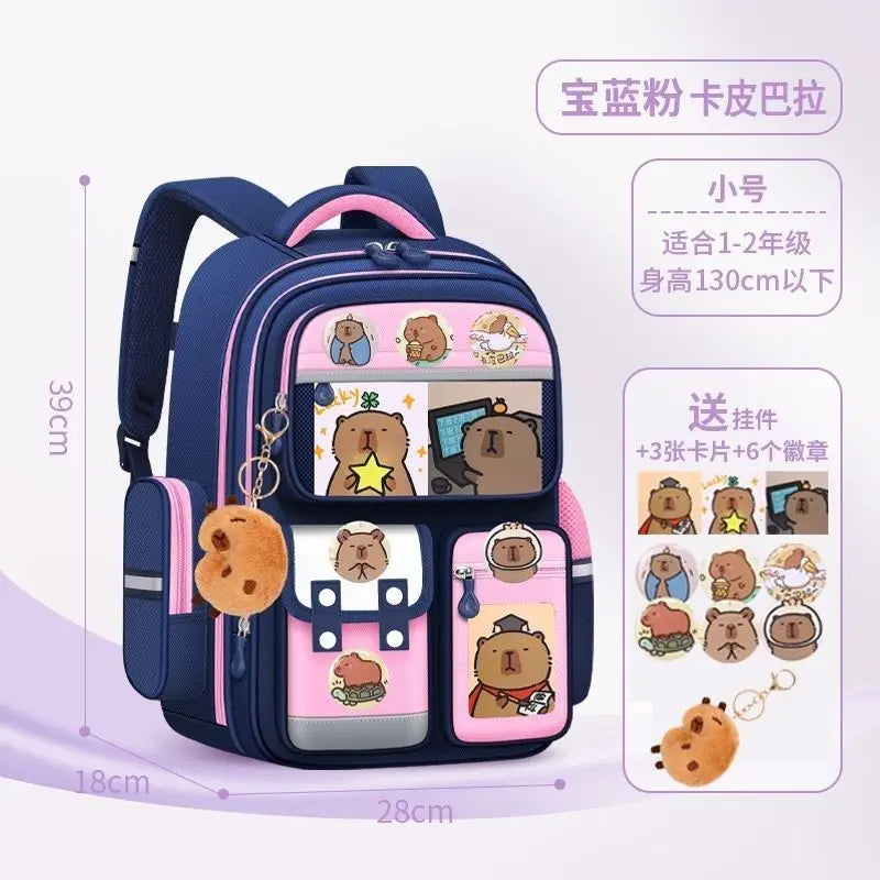 A purple and pink school backpack featuring various capybara-themed charms and accessories for children.