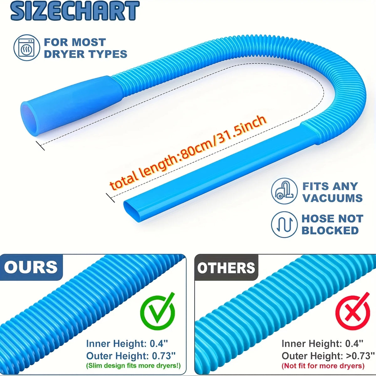 Blue flexible drying hose with an elastic connector shown in a curved shape for use with various dryers.