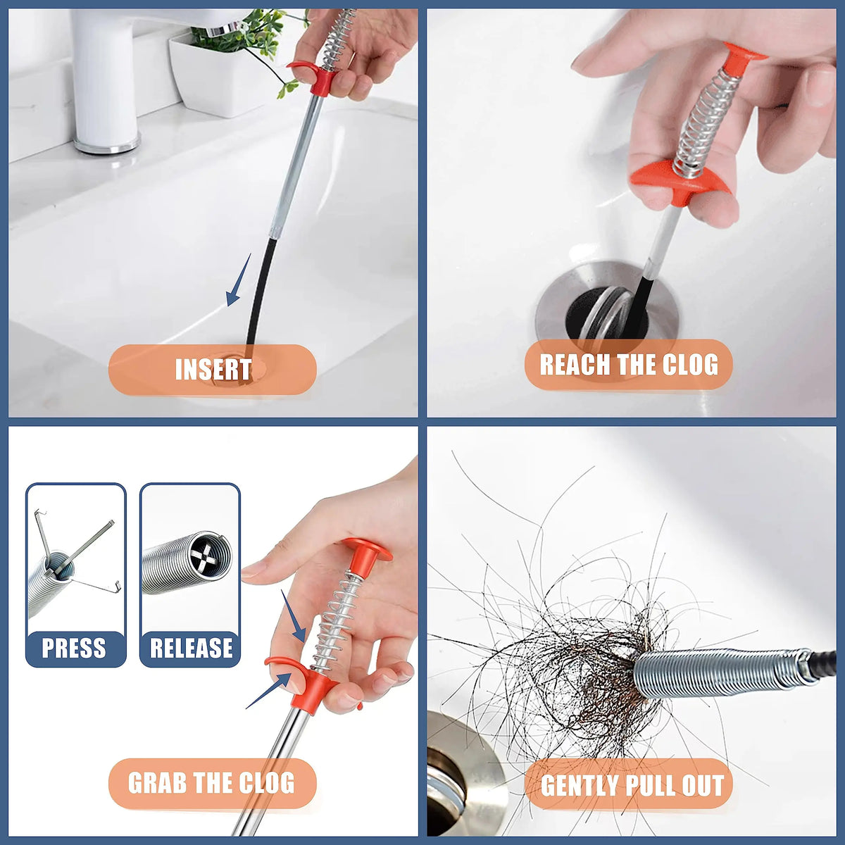 A professional drain cleaning kit showing tools for inserting, reaching, grabbing, and gently pulling out a clog.