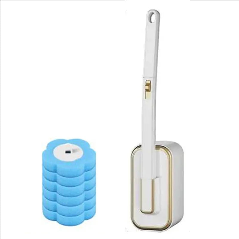 A white disposable toilet brush set with a long handle and blue bristles.