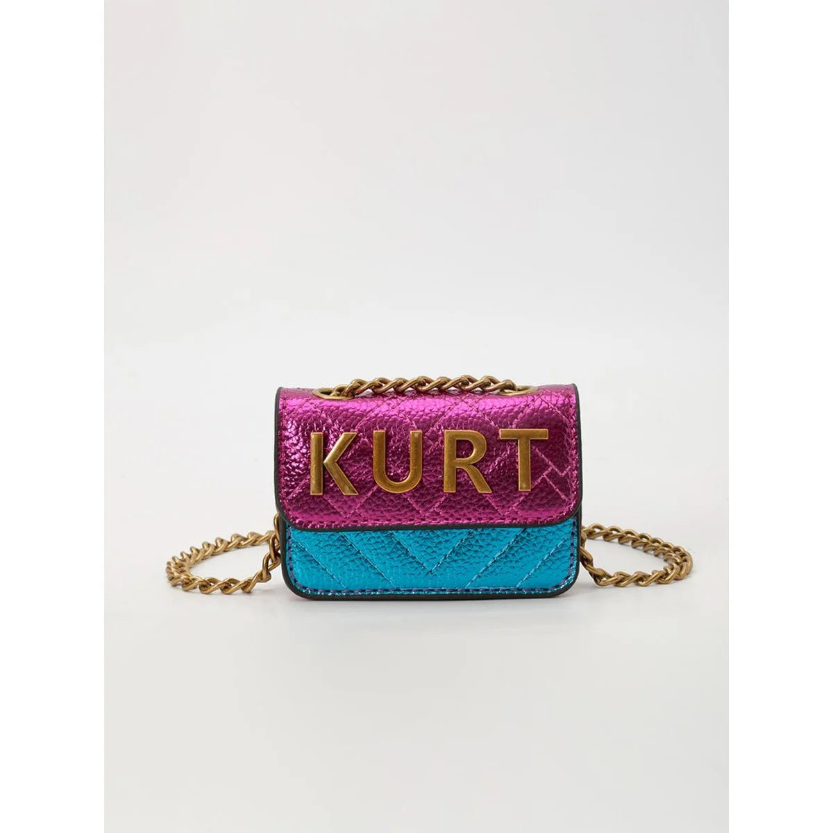 A pink and blue magnetic crossbody bag with a gold chain and letter flap.