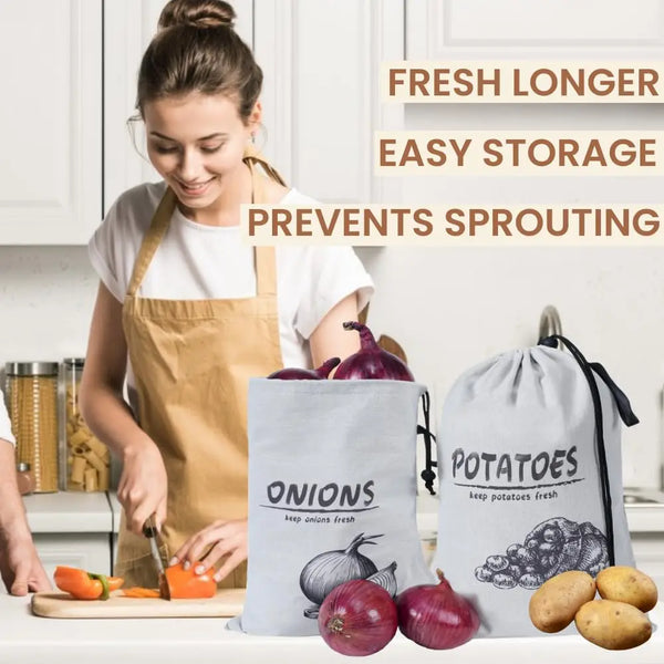 Reusable drawstring storage bags for onions and potatoes with fresh produce