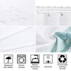 A set of white shower curtains and related items including a waterproof umbrella, washable fabric, iron, and environmentally 