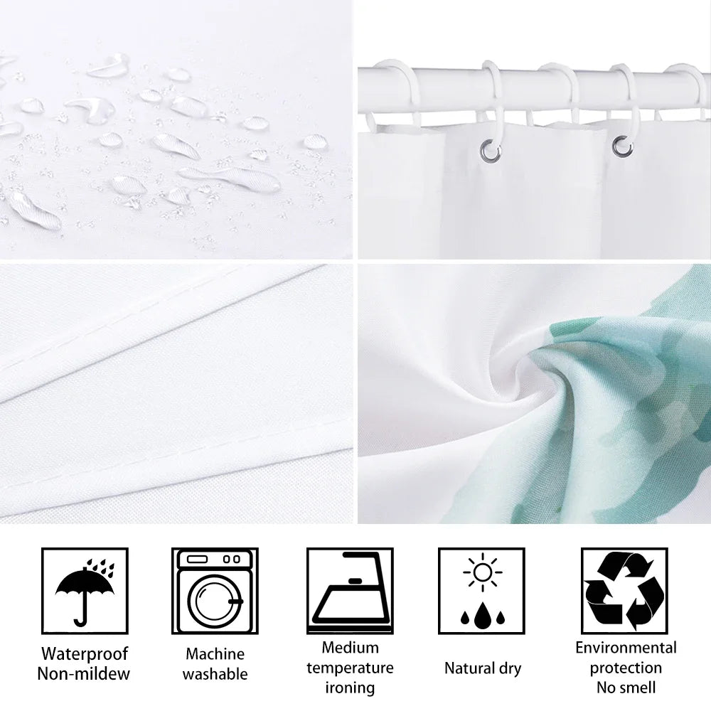 A set of white shower curtains and related items including a waterproof umbrella, washable fabric, iron, and environmentally 