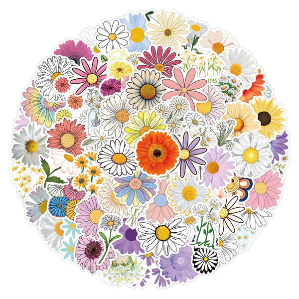 A circular arrangement of various colorful daisy and flower illustrations for DIY projects