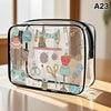 A clear plastic storage pouch filled with various sewing and beauty tools like scissors, pins, and measuring devices.