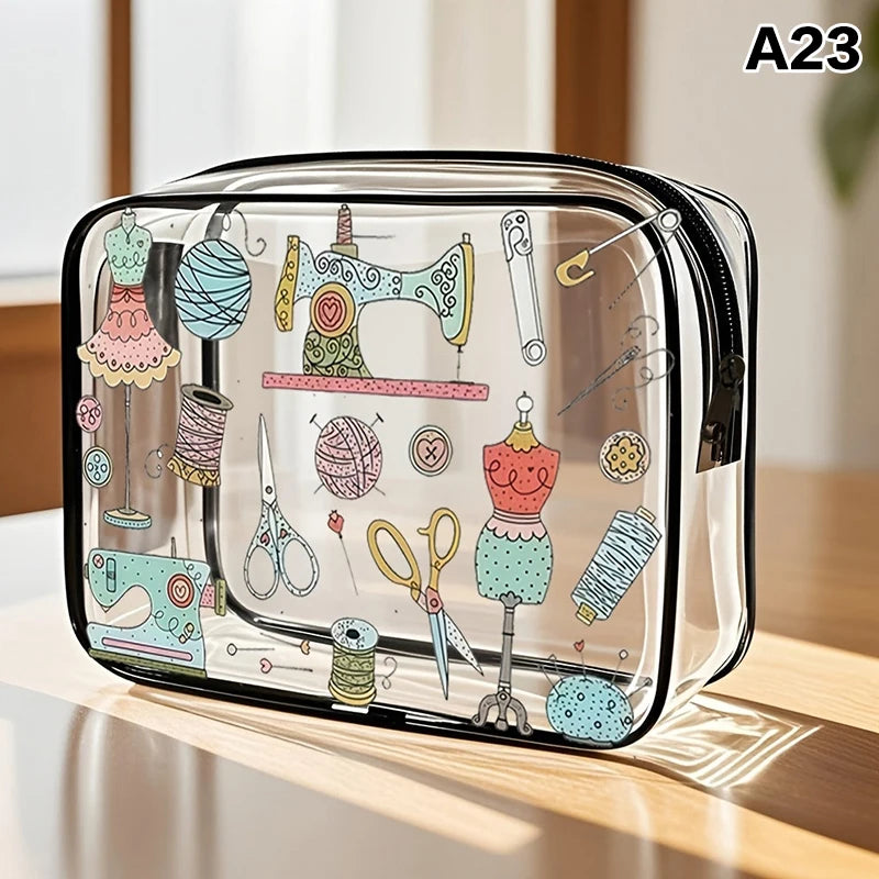A clear plastic storage pouch filled with various sewing and beauty tools like scissors, pins, and measuring devices.