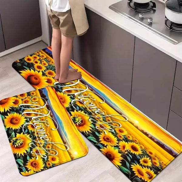 A yellow and black sunflower patterned non-slip mat placed on a kitchen counter.