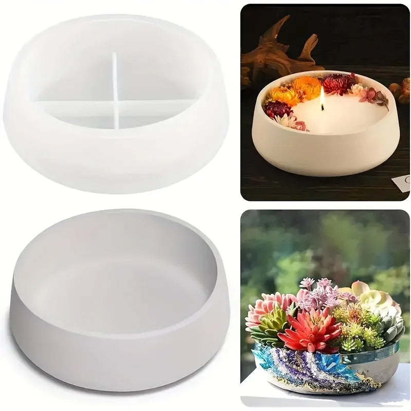 White silicone resin molds for baking and crafts shown in various forms including a candle and a shallow dish.