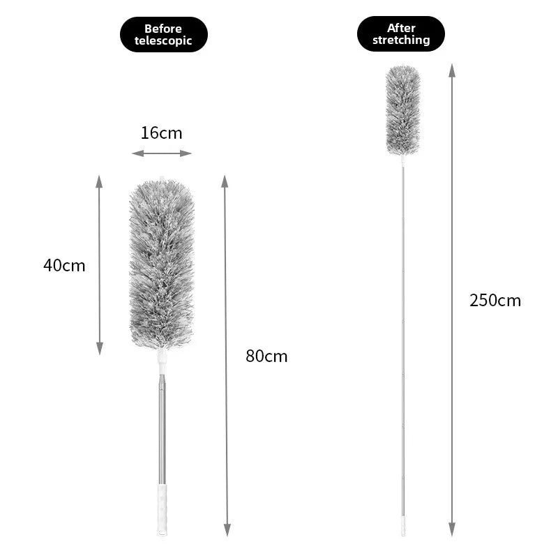 Comparison of an extendable microfiber duster before and after stretching, showing different lengths.