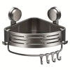 A stainless steel triangular suction cup storage shelf with a wire hanger and multiple hooks.