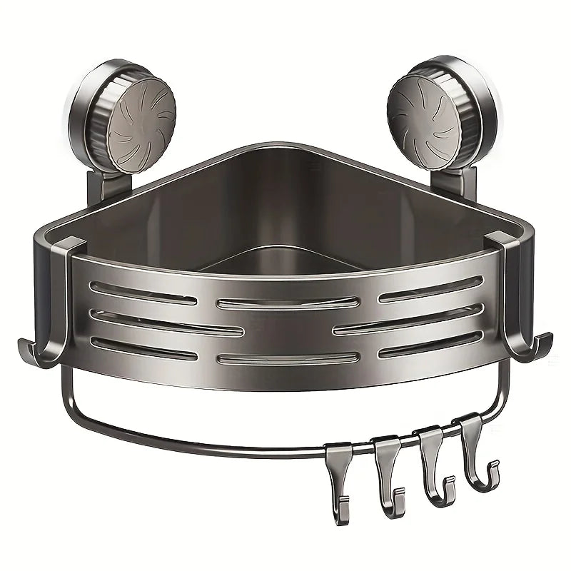 A stainless steel triangular suction cup storage shelf with a wire hanger and multiple hooks.