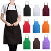 A variety of adjustable cooking aprons in black, white, red, blue, orange, and purple displayed against a white background.