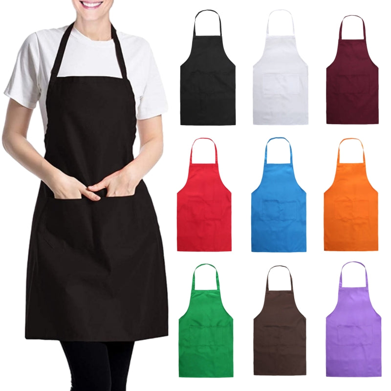 A variety of adjustable cooking aprons in black, white, red, blue, orange, and purple displayed against a white background.