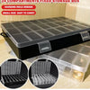 A black storage box with a clear lid and compartments is shown, demonstrating its use for storing small items.