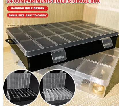 A black storage box with a clear lid and compartments is shown, demonstrating its use for storing small items.