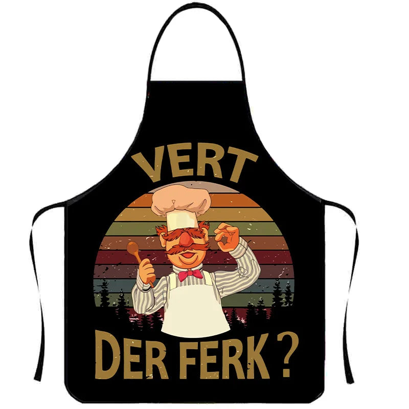 Schwarze Schürze mit Grafik einer Kochfigur und dem Text DER FERK?