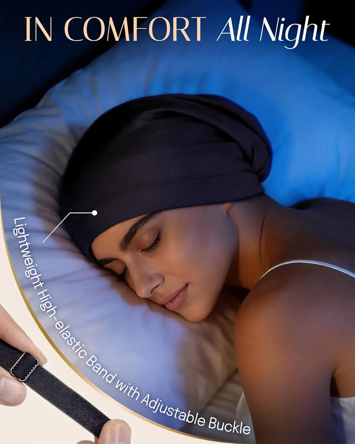 A woman wearing a black satin sleep bonnet, demonstrating an adjustable elastic band with a buckle.