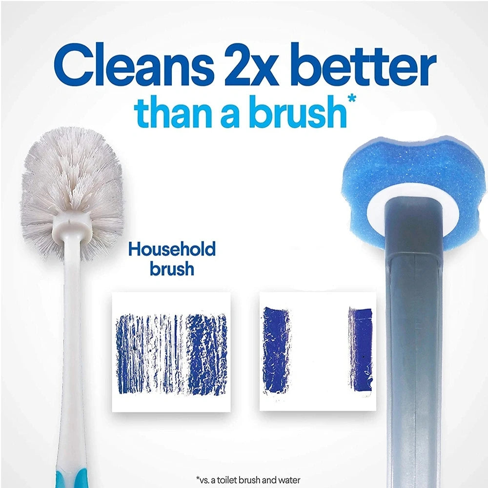 A long-handled disposable household brush next to a blue cleaning product and comparison strips.