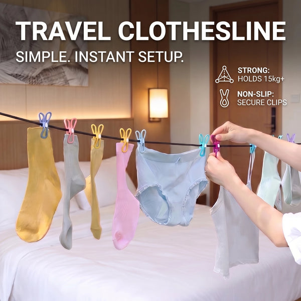 A set of retractable clothesline pins is shown being used to hang clothing on a line in a bedroom setting.