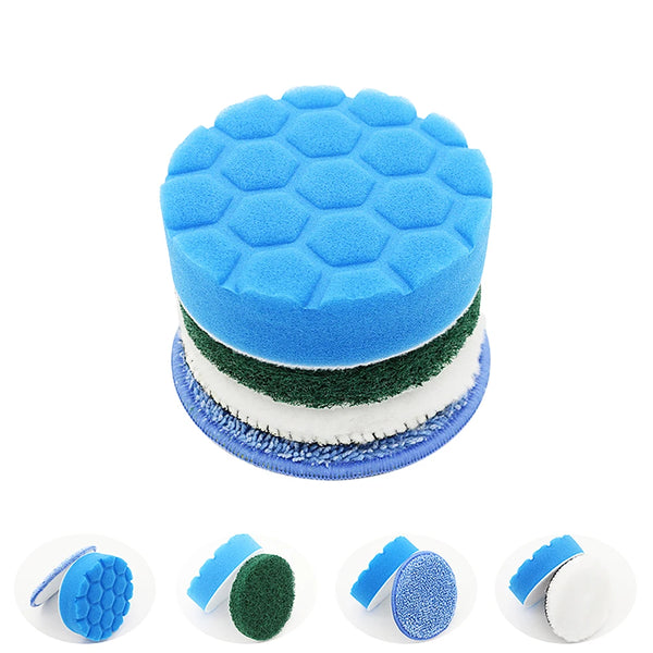 A set of four electric cleaning brush heads including a blue sponge, green scouring pad, blue polishing disc, and white pad.