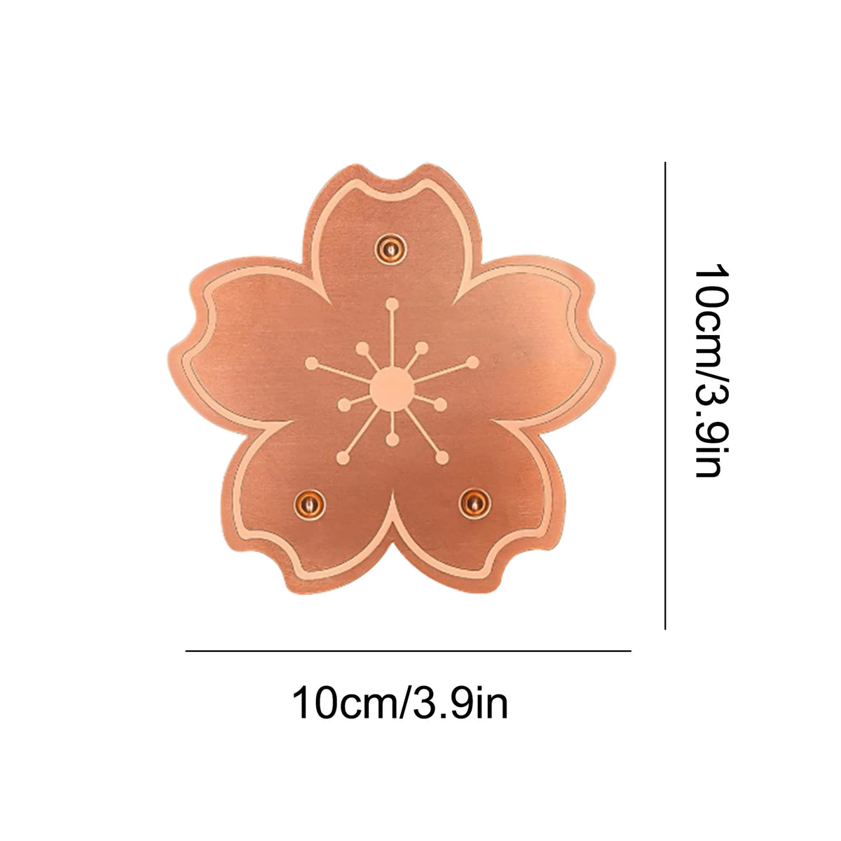 A copper bird bath disk with a floral design and triple-point support, measuring 10cm by 3.9in.