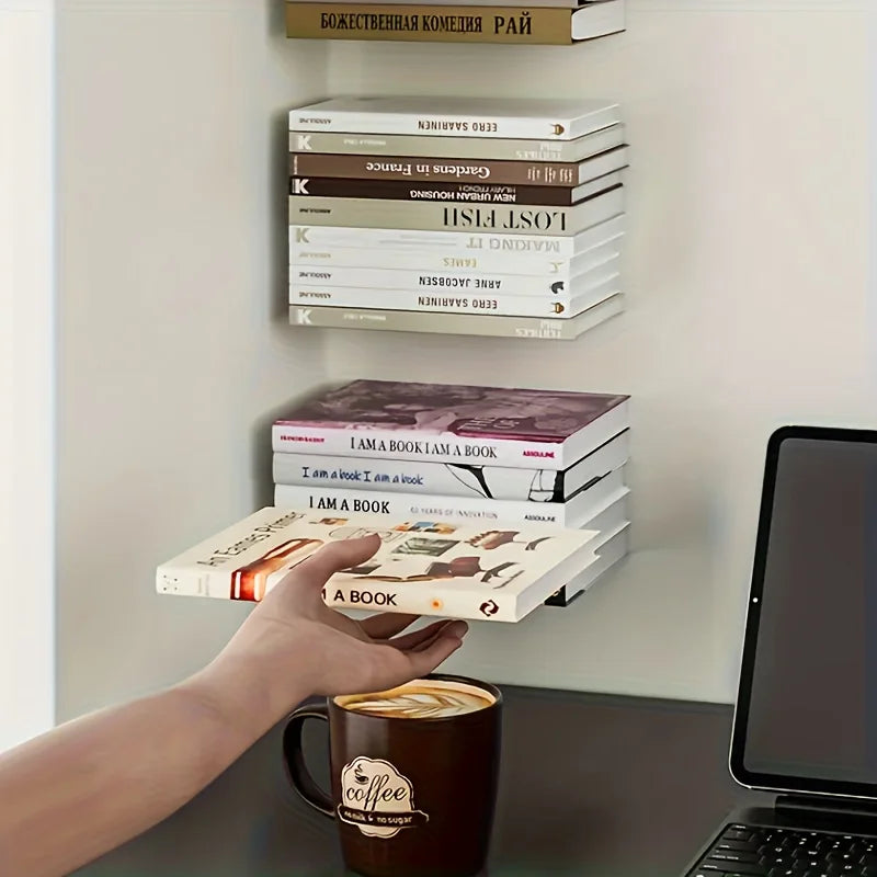 Una mano sostiene un libro cerca de una estantería flotante de metal negro mate con varios libros apilados.