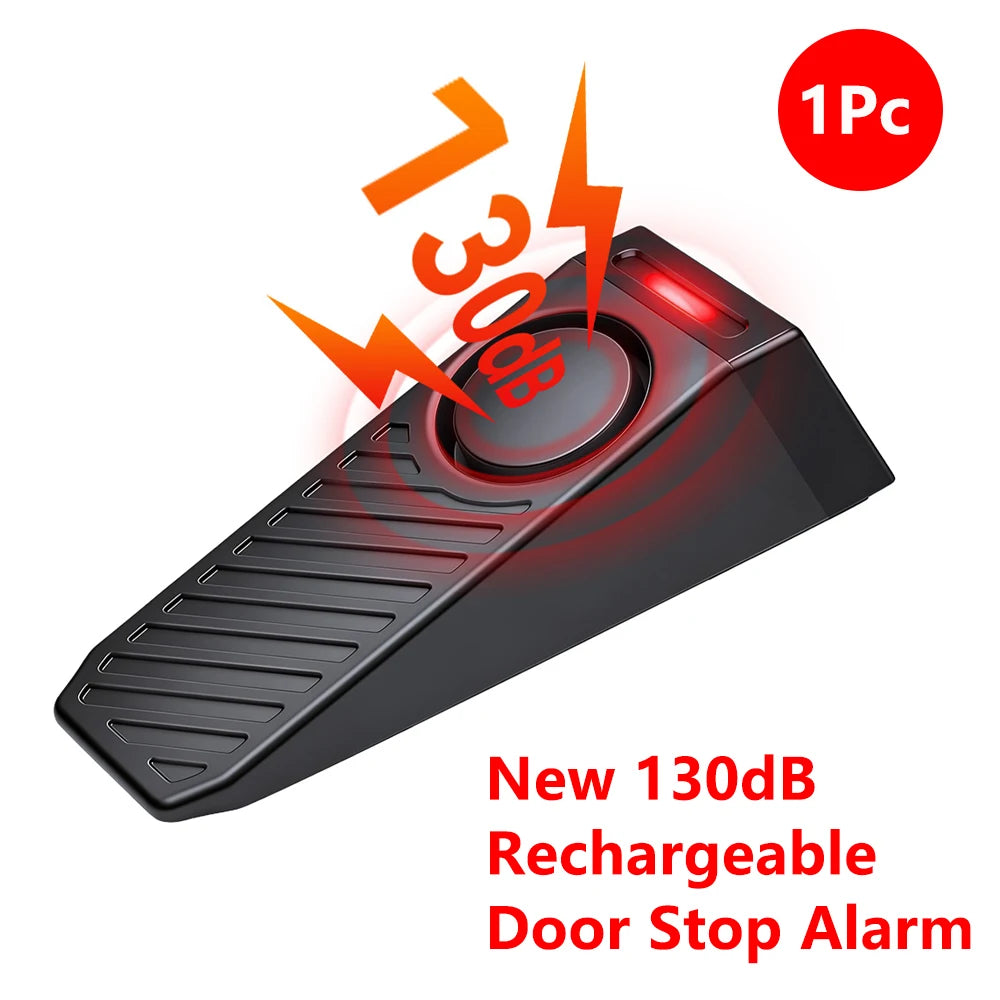 Dispositivo de alarma para puertas recargable negro con sensor de vibración y sonido de 130dB.
