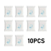 A pack of ten disposable white toilet seats with blue outlines.