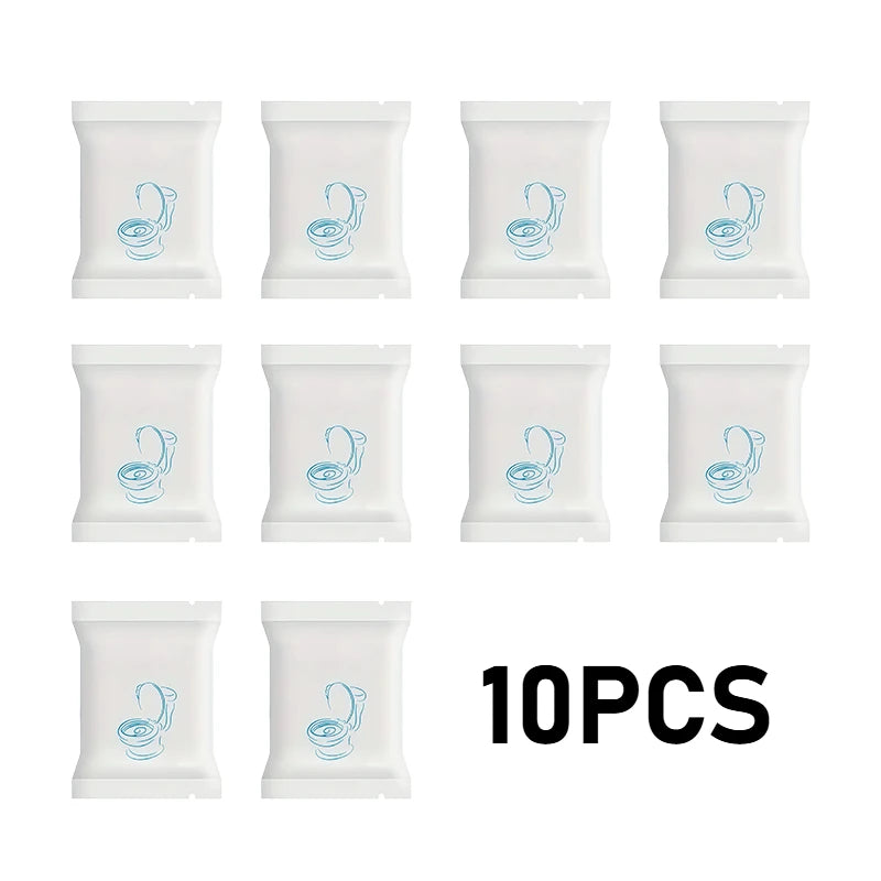 A pack of ten disposable white toilet seats with blue outlines.