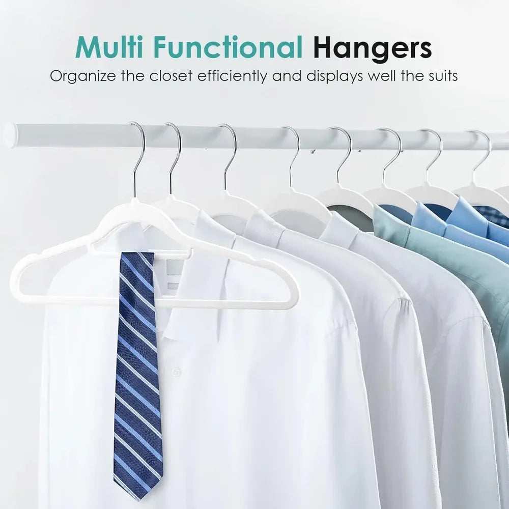 White multi functional hangers displaying various suits and shirts on a white rod.