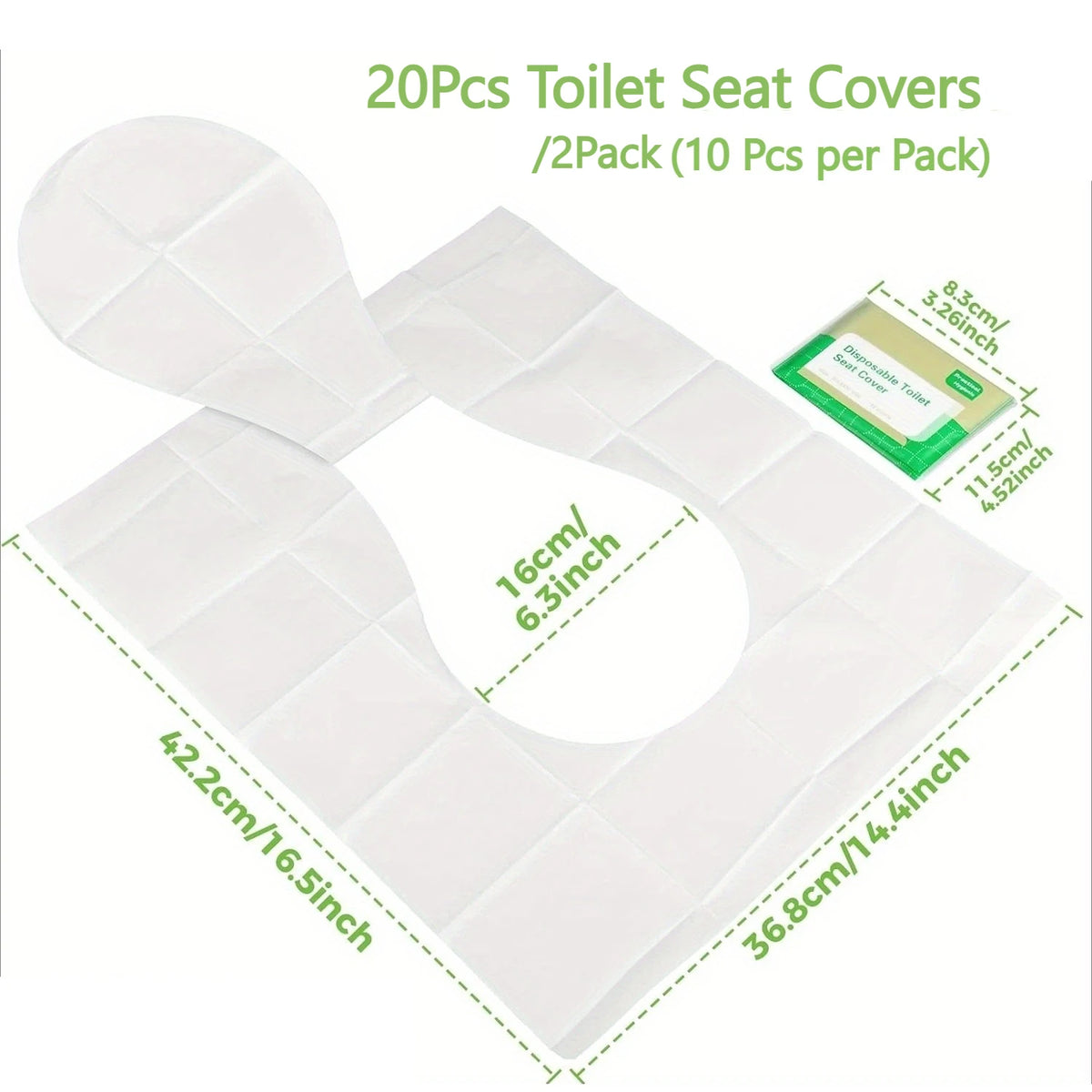 A set of 20 disposable white toilet seat covers, packaged in pairs.