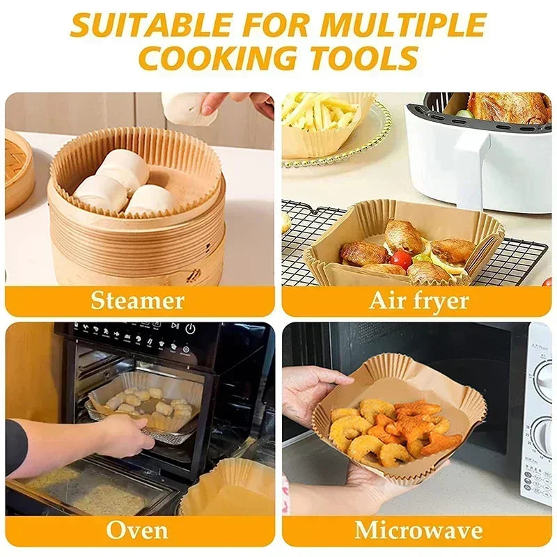 Einweg-Airfryer-Auskleidungen in verschiedenen Kochsituationen wie Dampfgarern, Airfryern, Öfen und Mikrowellen.