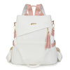 A white women's anti-theft PU leather travel backpack with pink accents and light gray straps.