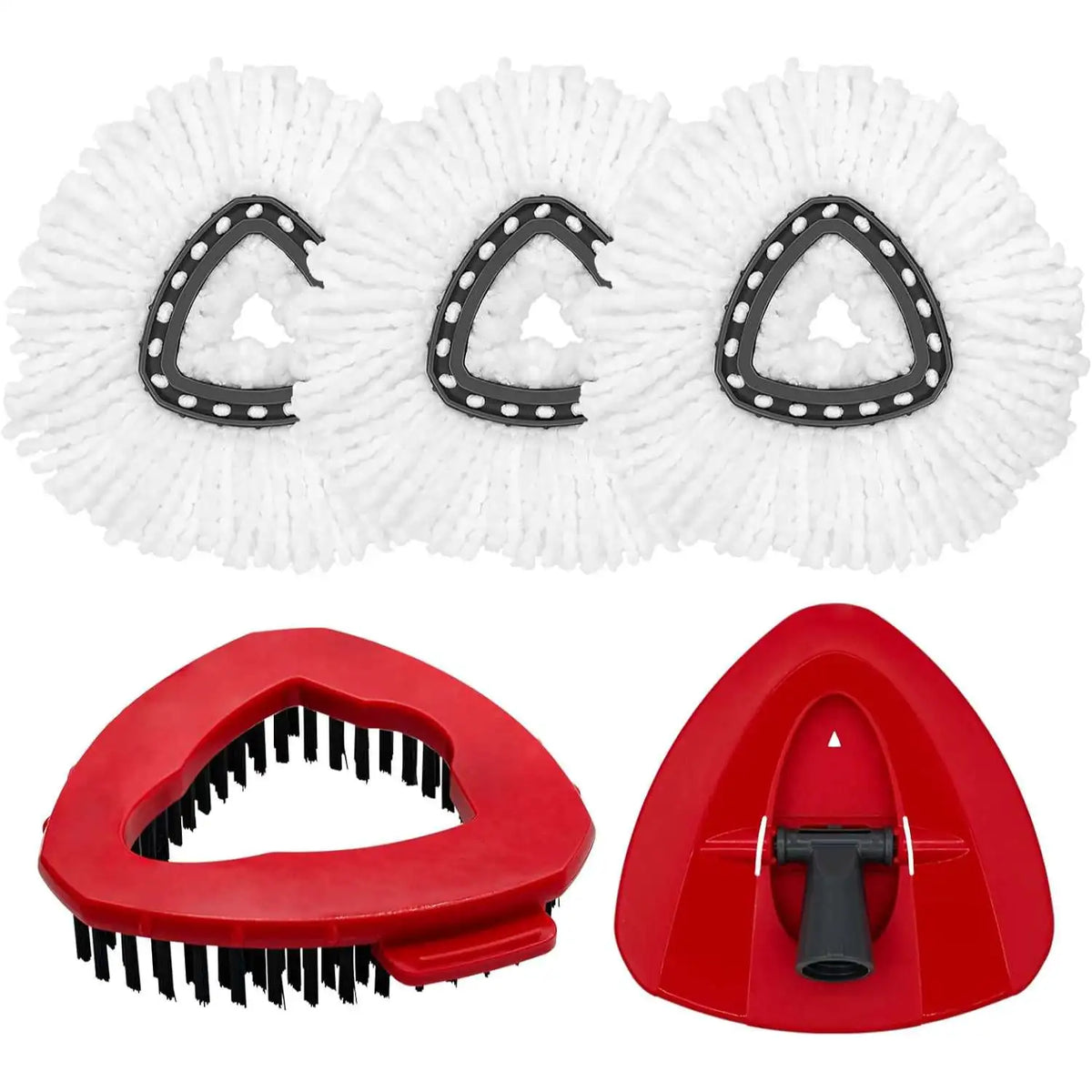 Three white microfiber spin mop refill heads and a red cleaning brush head.