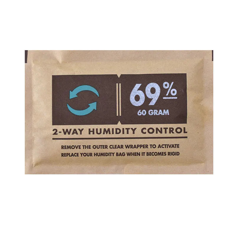 A brown paper bag for a 2-way humidity control product showing 69% humidity and 60 grams.