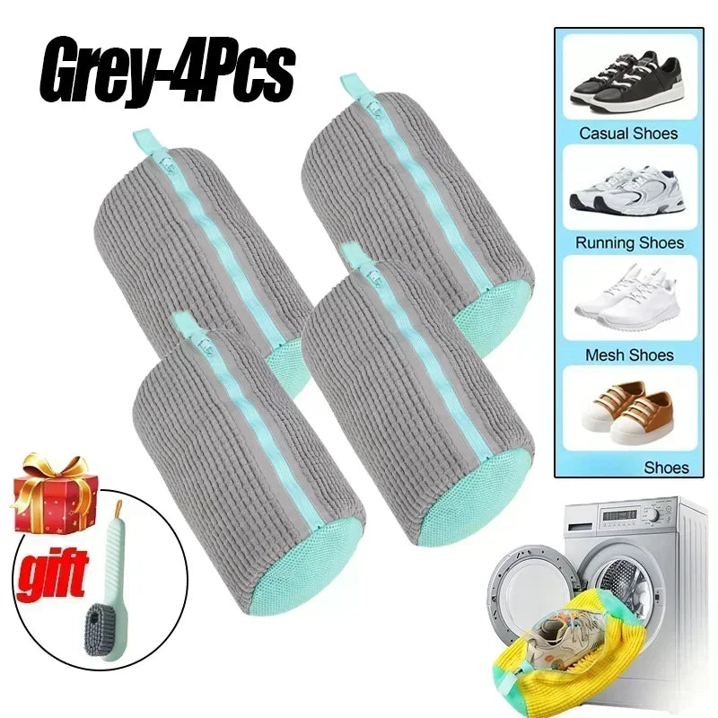 Four grey durable shoe laundry bags for machine washing with various shoes shown.