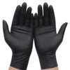 A pair of disposable black nitrile cleaning gloves shown against a white background.