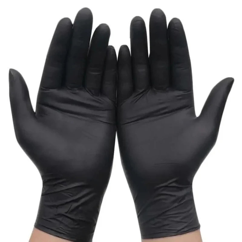 A pair of disposable black nitrile cleaning gloves shown against a white background.