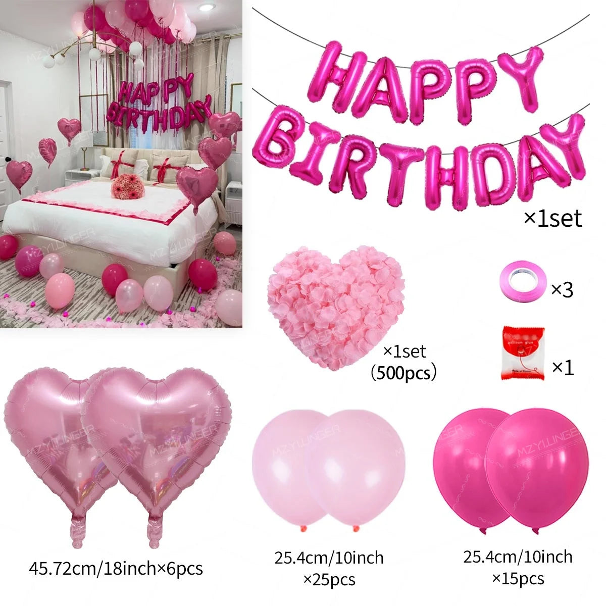 A set of pink heart birthday balloons including foil balloons and latex balloons.