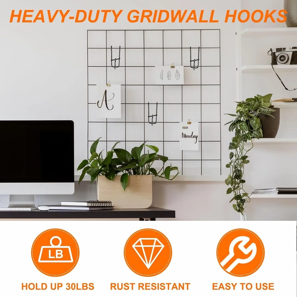 Heavy-duty gridwall hooks displayed on a white wall, showing various hanging and display options.