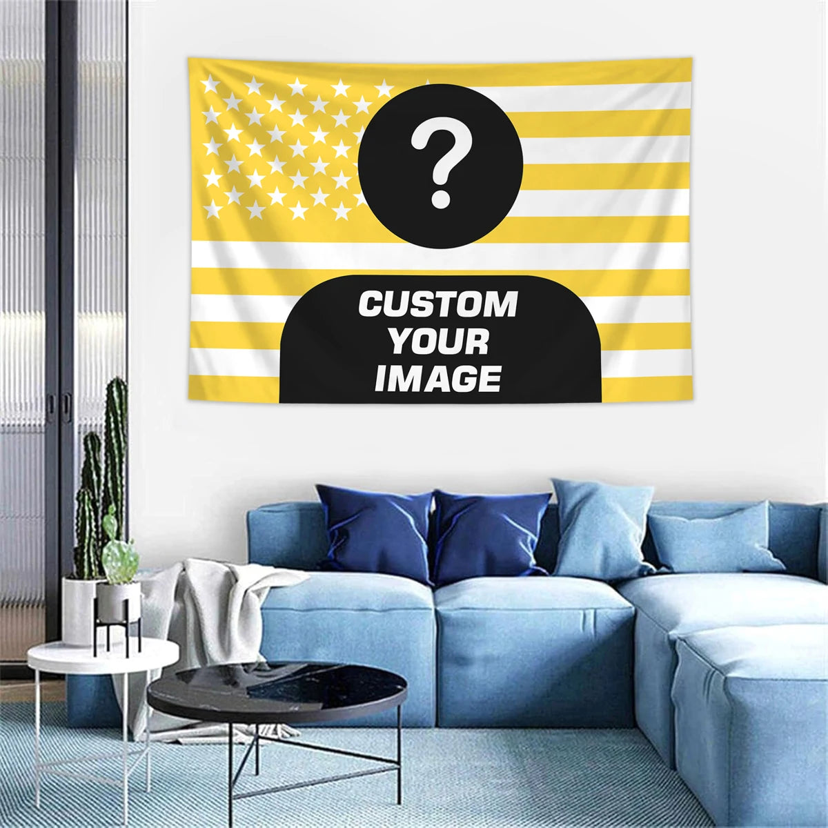 Gelb-weiß gestreiftes Flaggentapest mit einem schwarzen Fragezeichen auf weißem Hintergrund
