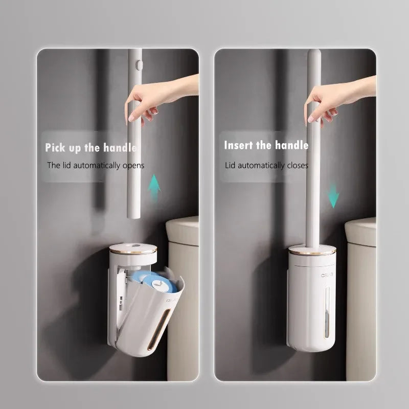 A hand inserts a wall-mounted toilet brush handle into its holder, demonstrating the automatic opening and closing mechanism.