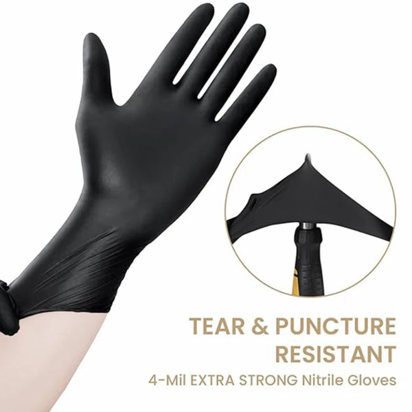 A close-up view of black 4-mil extra strong nitrile gloves showing the texture and a detail of the puncture resistant materia