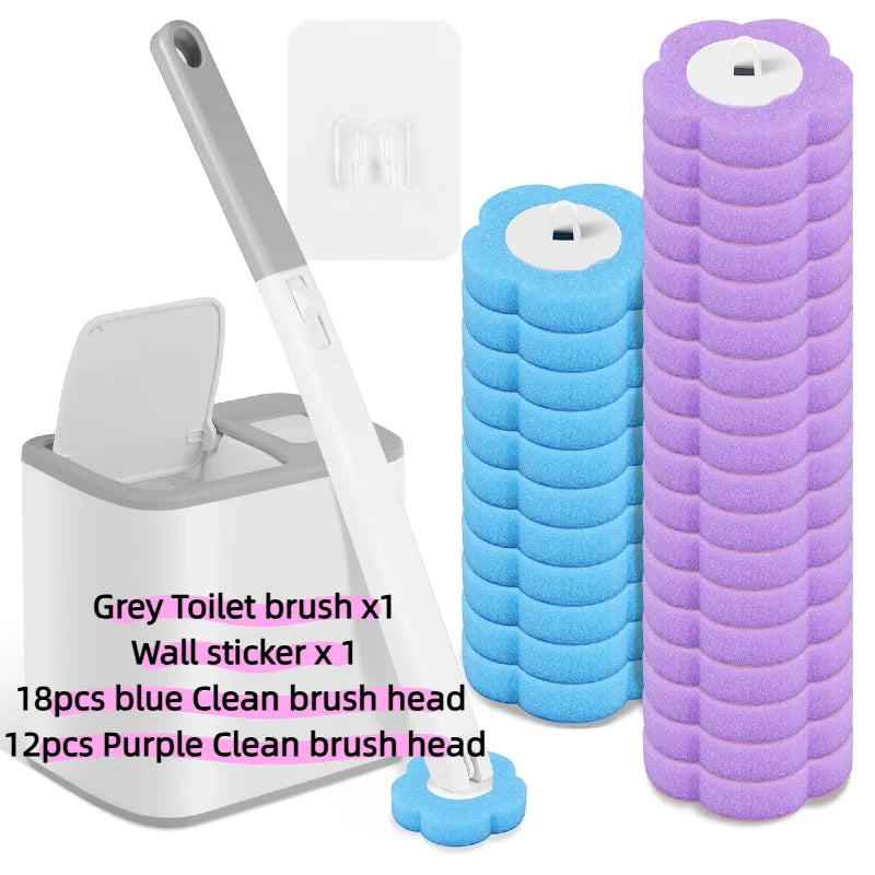 Set of disposable toilet brush refills including a long handle and wall mount in blue and purple colors