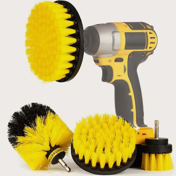A set of yellow and black multi-surface electric scrubbing brushes.