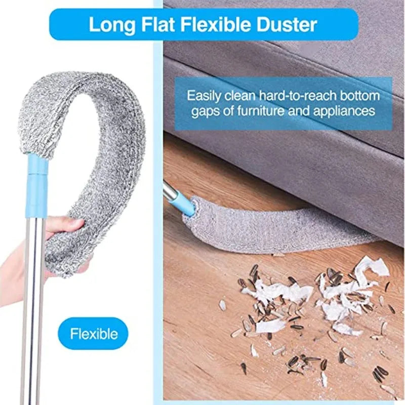 A long flat flexible duster with a handle is shown cleaning bottom gaps of furniture and appliances.