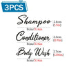 Three refillable pump bottles for shampoo, conditioner, and body wash with size measurements.